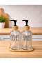 Set of 2 Liquid Soap Dish Detergent Glass Soap Dispensers with Bamboo Stand Soap Dispenser Set