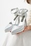 Serenya Women's Silver Pointed Toe 11 cm Platform Heeled Stone Ankle Strap Evening Dress Shoes