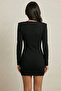 Women's Black Deep V-Neck Shoulder Pad Pack Long Sleeve Flexible Sandy Fabric Body-Hugging Mini Dress - 3