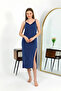 Long Slit Combed Cotton Nightgown with Rope Strap Navy Blue - 5