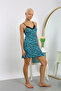 Women's Combed Cotton Water Green Leopard Patterned Rope Strap Nightgown - 4