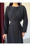 Black waist-tied pleated long dress - 5