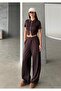 Women's Brown Double Zip Detail Modal Textured Top and Bottom Set - 2