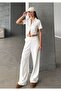 Women's Ecru Double Zip Detail Modal Textured Top and Bottom Set - 2