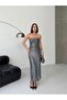 Women's Silver Sequined Strapless Long Evening Dress - Evening and Event Elegance