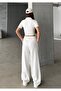 Women's Ecru Double Zip Detail Modal Textured Top and Bottom Set - 4