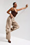 Women's Stone Beige Color Balloon Fit Loose Cut Organic Linen Fabric Design Trousers - 4