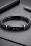 Men's Leather Bracelet with Name Engraving Black and White Knitted Leather Men's Bracelet - 3