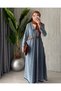 Women's V-Neck Pleated Detailed Oversize Denim Hijab Dress - 7