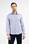 White-Navy Blue Striped Pattern Hard Collar Long Sleeve Pocketless Slim Fit Cotton Shirt 1004255282