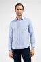 White-Indigo Striped Pattern Hard Collar Long Sleeve Pocketless Slim Fit Cotton Shirt 1004255282