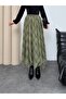 Women's Green Plaid Patterned High Waist Elastic Chiffon Long Skirt with Asymmetrical Hem - 2