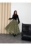 Women's Green Plaid Patterned High Waist Elastic Chiffon Long Skirt with Asymmetrical Hem