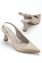 Women's Beige Satin Open-Back Pointed Thin Heeled Shoes - 3