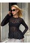 Women's Black Crew Neck Long Sleeve Waist Fitted Transparent Scallop Lace Pinterest Stylish Blouse - 6