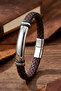 Men's Leather Bracelet Shiny Steel Name-Engravable Black Red Knitted Leather Bracelet - 3
