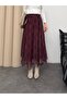 Women's Burgundy Plaid Patterned High Waist Elastic Chiffon Long Skirt with Asymmetrical Hem - 2