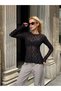 Women's Black Crew Neck Long Sleeve Waist Fitted Transparent Scallop Lace Pinterest Stylish Blouse - 5