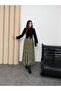 Women's Green Plaid Patterned High Waist Elastic Chiffon Long Skirt with Asymmetrical Hem - 3
