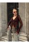 Women's Brown V-Neck Front Lace-Up Ruffled Transparent Lace Stylish Crop Blouse Cardigan - 4