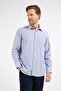 Navy Blue-White Striped Pattern Hard Collar Long Sleeve Pocket Comfort Fit Cotton Shirt 1004255280