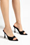Women's Black Satin Pointed Toe Heeled Sandals - 5