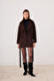 Women's Brown Oversized Short Melton Coat with Belt, Lined - Sevde Ugur - 4