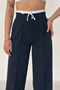 Women's Navy Blue Wide Leg High Waist Lace-Up Fabric Trousers - 3