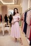 Women's Powder Color Boat Neck Stone Detailed Flared Engagement Wedding Evening Dress - 4