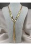 Gold Color Mesh Detailed Long Steel Necklace with Tassel End