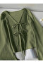 Women's Front Two-Point Tie-Detail Bell Sleeve Crinkled Blouse - 3
