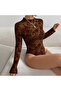 Brown Tulle Flocked Velvet Textured Floral Printed Snap Fastener Bodysuit - 2