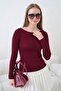 Women's Crew Neck Long Sleeve Basic Blouse Burgundy - 3