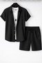 Boyfriend Fit Waffle Fabric Alaçatı Style Unisex Wrinkled Short Sleeve Shirt Shorts Set - 2