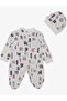 Patterned cotton romper with baby hat and booties - 5