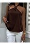 Women's Brown Satin Halter Neck Blouse - 7