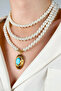 Three Rows of Pearl Design Necklace with Gold Plated Ends - Turquoise - 2