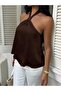 Women's Brown Satin Halter Neck Blouse - 4