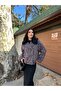 Women's Brown Patterned Short Cashmere Jacket with Fur Collar and Pockets - 3