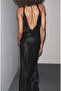 Backless Long Satin Shiny Black Dress with Tie Detail - 2