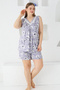 Lilac Patterned Lycra Satin and Lace Detailed Strappy Women's Plus Size Top and Bottom Nightgown Set
