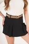 Pleated Belt Detail Woven Black Mini Skirt with Shorts - 4