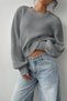 Women's Gray Oversize Crew Neck Balloon Sleeve Ribbed Knit Sweater - 2