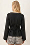 Women's Black Boat Neck Blouse with Gathered Sides and String Detail at the Back Arm-26K001085 - 3