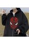 Printed Oversize Zippered Black Unisex Hooded Cardigan