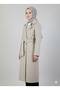 Women's Beige Belted Long Cashmere Coat – Double-Breasted Collar with Buttons, Hijab Compatible - 2