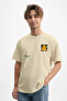 Men's Printed 100% Cotton Crew Neck Beige T-Shirt