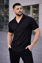 Men's Waffle Fabric Short Sleeve Button down Open Collar Regular Fit Shirt - Black - 3