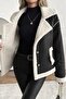 Women's Long Sleeve Collared Front Buttoned Suede Jacket with Pocket Detail - 2