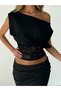 Women's Short-Sleeved Boat Neck Crop Blouse with Lace Detail at Waist - 4